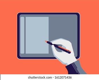 Hand holding a digital pen and using a large screen digital tablet Flat monochrome illustration representing a generic action, graphic designer profession.