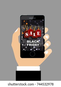 Hand holding digital smartphone with black friday big sale message. Online Shopping Discount Banner Flat Vector Illustration