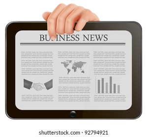 Hand holding digital tablet pc with business news. Vector illustration
