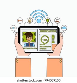 Hand Holding Digital Tablet Scanning Male User Face Recognition And Identification System Biometrical Identification Concept Vector Illustration