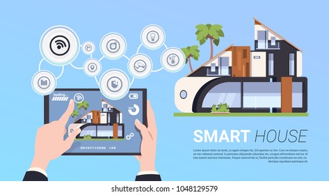 Hand Holding Digital Tablet With Smart Home Management System Interface Concept