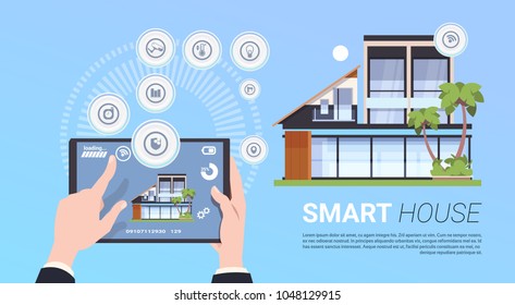 Hand Holding Digital Tablet With Smart Home Control And Administration System Interface Concept