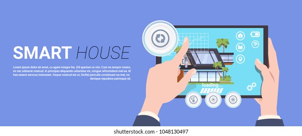Hand Holding Digital Tablet With Smart Home Control And Administration System Interface Concept