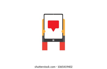 hand holding digital tablet with talk icon inside