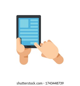 Hand holding digital tablet, touching screen, Flat design vector illustration