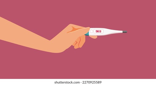 
Hand Holding a Digital Thermometer Checking for Fever Vector Illustration. Recovered patient having normal temperature after sickness 
