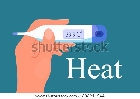 Hand holding digital thermometer. Person with thermometer and high temperature. Person suffer from flu or cold. Isolated vector illustration in cartoon style
