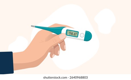 Hand holding a digital thermometer showing a high temperature of 38.1 degrees Celsius, indicating fever or illness. Flat design vector illustration