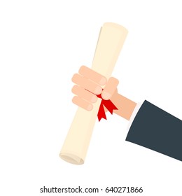 hand holding diploma or certificate with red ribbon