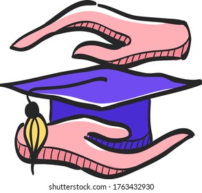 Hand holding diploma icon in color drawing. Education school protection security graduate diploma insurance