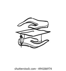Hand holding diploma icon in doodle sketch lines. Education school protection security graduate diploma insurance