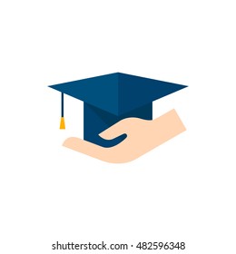 Hand holding diploma icon in flat color style. Education school protection security graduate diploma insurance