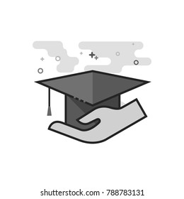 Hand holding diploma icon in flat outlined grayscale style. Vector illustration.