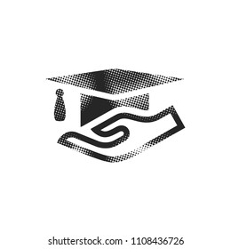 Hand Holding Diploma Icon In Halftone Style. Black And White Monochrome Vector Illustration.