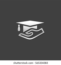 Hand holding diploma icon in metallic grey color style. Education school insurance