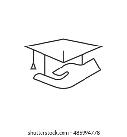 Hand holding diploma icon in thin outline style. Education school protection security graduate diploma insurance