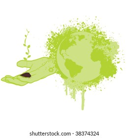 Hand holding dirt and a growing small tree, save the green planet - conceptual vector
