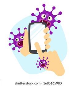 hand holding dirty smartphone with virus. covid-19 prevention concept. vector illustration.