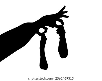 Hand holding dirty socks icon, smelly sock silhouette, sweaty cotton underwear, used dirty socks outline illustration on white background