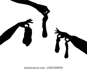 Hand holding dirty socks icon, smelly sock silhouette, sweaty cotton underwear, used dirty socks outline illustration on white background