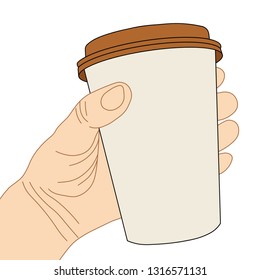 Hand holding a disposable brown cup of coffee with cap. illustration for label, web, flayer. Isolated on white background