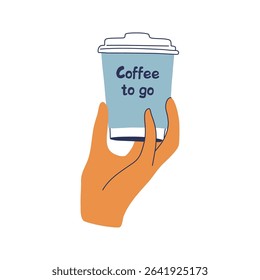 Hand holding disposable coffee cup. Minimalist print for takeaway food concept. Paper cup with lettering Coffee to go. Hand drawn flat design vector illustration.
