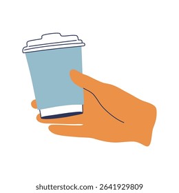 Hand holding disposable coffee cup. Minimalist print for coffee to go concept. Hand drawn flat design vector illustration.
