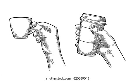 Hand holding a disposable cup of coffee with cardboard holder and cap. Vintage black vector engraving illustration for label, web, flayer. Isolated on white background