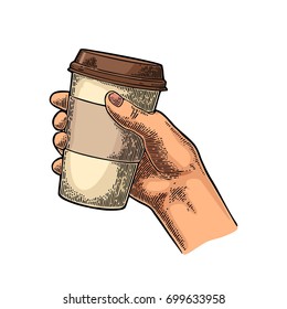 Hand holding a disposable cup of coffee with cardboard holder and cap. Vintage color vector engraving illustration for label, web, flayer. Isolated on white background