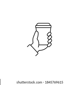 Hand Holding Disposable Cup, Take Away Simple Thin Line Icon Vector Illustration