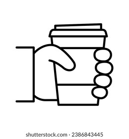 Hand holding disposable paper cup. Take away. Coffee break. Vector illustration