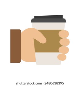 Hand holding disposable paper cup. Take away. Coffee break. Vector illustration