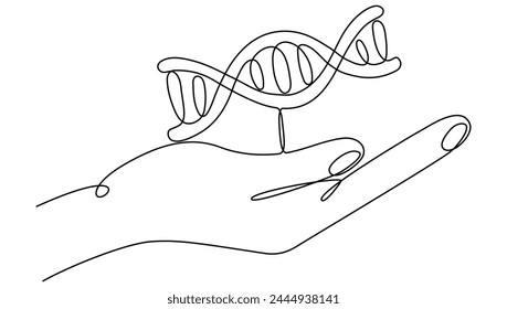 Hand holding DNA continuous one line drawing. Genome linear structure symbol. Vector illustration isolated on white.