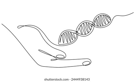 Hand halten DNA kontinuierliche eine Linie Zeichnung. Symbol für lineare Genomstruktur. Vektorillustration isoliert auf Weiß.