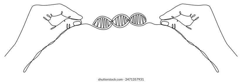 Hand holding DNA continuous one line drawing. Genome linear structure symbol. Vector illustration isolated on white background.