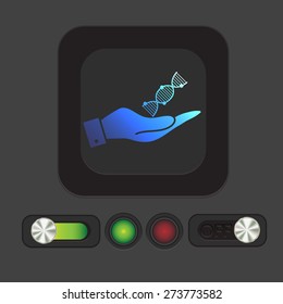 hand holding a DNA helix. Medical Research character. Symbol of medicine. Icon Biology and Genetics