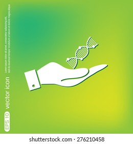 hand holding a DNA helix. Medical Research character. Symbol of medicine. Icon Biology and Genetics
