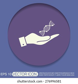 hand holding a DNA helix. Medical Research character. Symbol of medicine. Icon Biology and Genetics