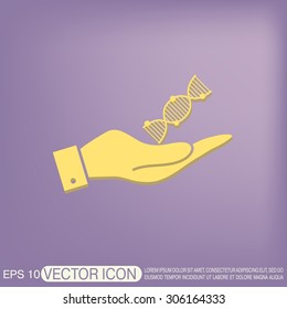 hand holding a DNA helix. Medical Research character. Symbol of medicine. Icon Biology and Genetics