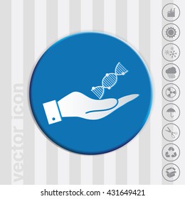 hand holding a DNA helix. Medical Research character. Symbol of medicine. Icon Biology and Genetics
