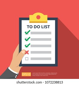 hand holding to do list or planning in flat style icon. vector illustration concept of checklist paper sheet reminder with check marks.