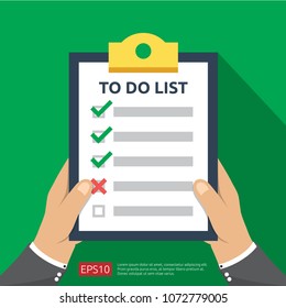 hand holding to do list or planning in flat style icon. vector illustration concept of checklist paper sheet reminder with check marks.