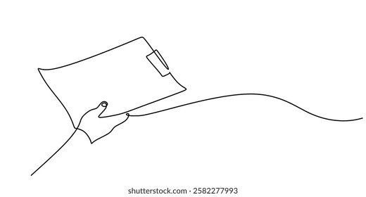 Hand holding a document in continuous one line drawing. Symbol of business reports, contracts, or paperwork. Vector illustration hand drawn.