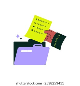 Hand Holding Document and Folder in Flat Vector Illustration Symbolizing Organization, Filing, and Data Management, Isolated on White Background.