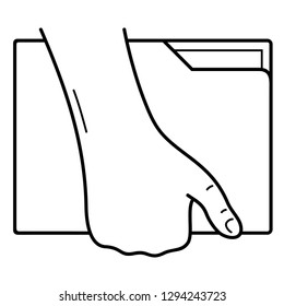 Hand holding a document folder. Vector outline icon isolated on white background.