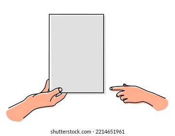 Gib ein Dokument und gib es. Der Mensch gibt einer Frau ein Dokument. Handgezeichnet mit dünner Linie. Vektorgrafik einzeln auf weißem Hintergrund