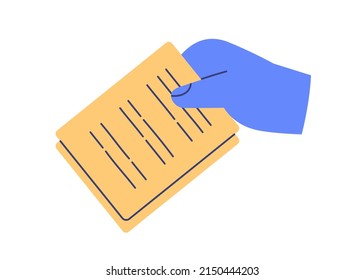 Hand holding document icon. Arm with abstract business papers, official legal contract with lines. Submitting application, report concept. Flat vector illustration isolated on white background