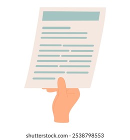 Hand holding document icon. Arm with abstract business papers, official legal contract with lines. Submitting application, report concept. Flat vector illustration isolated on white background