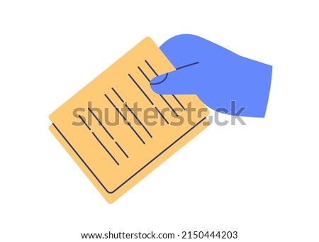 Hand holding document icon. Arm with abstract business papers, official legal contract with lines. Submitting application, report concept. Flat vector illustration isolated on white background