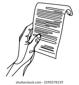 Hand holding document in line art style. Continuous line set isolated on white background. Outline, Minimalistic vector illustration